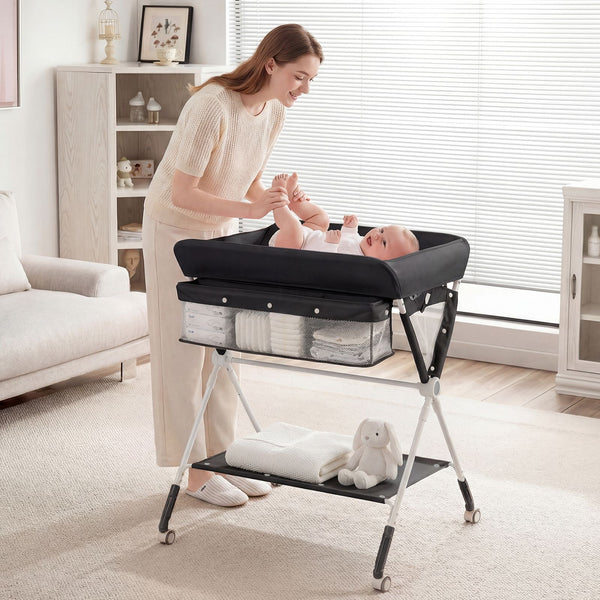 Portable Diaper Changing Station with Storage Basket Shelf and Lockable Wheels