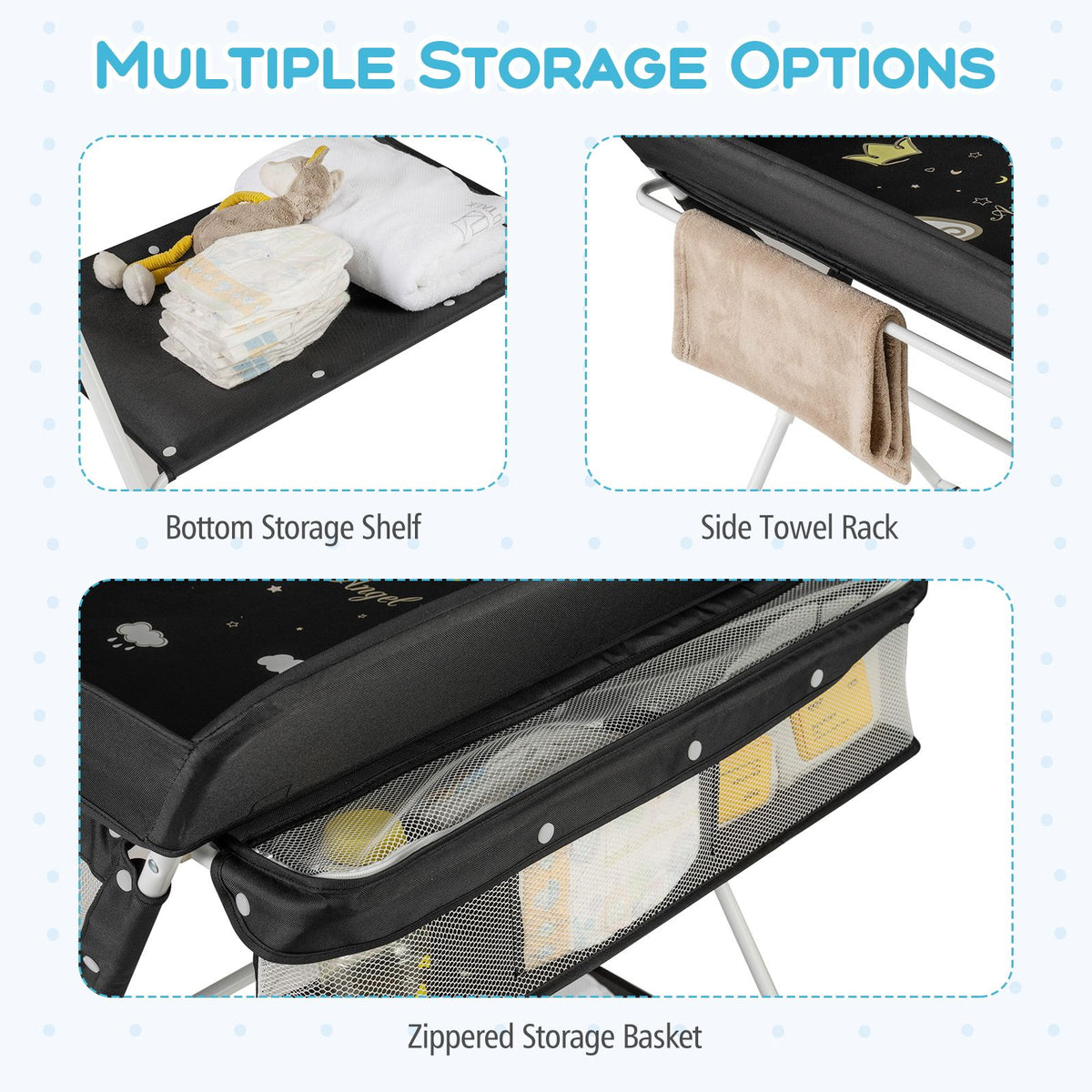 Portable Diaper Changing Station with Storage Basket Shelf and Lockable Wheels