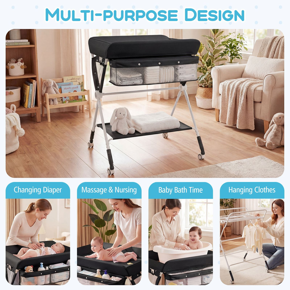 Portable Diaper Changing Station with Storage Basket Shelf and Lockable Wheels