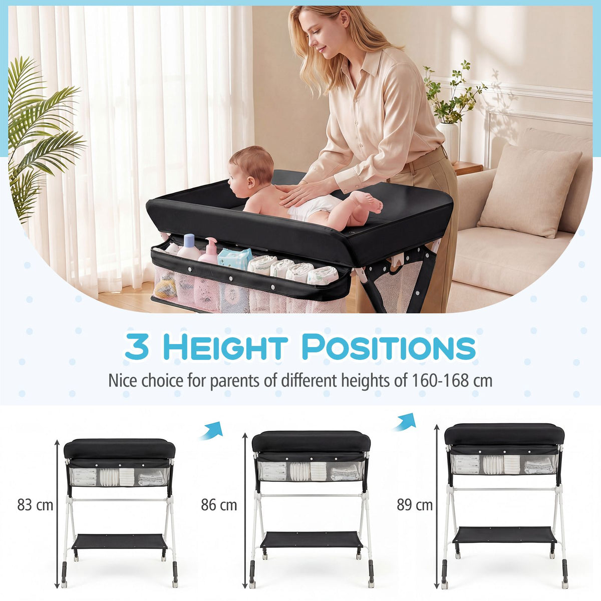 Portable Diaper Changing Station with Storage Basket Shelf and Lockable Wheels