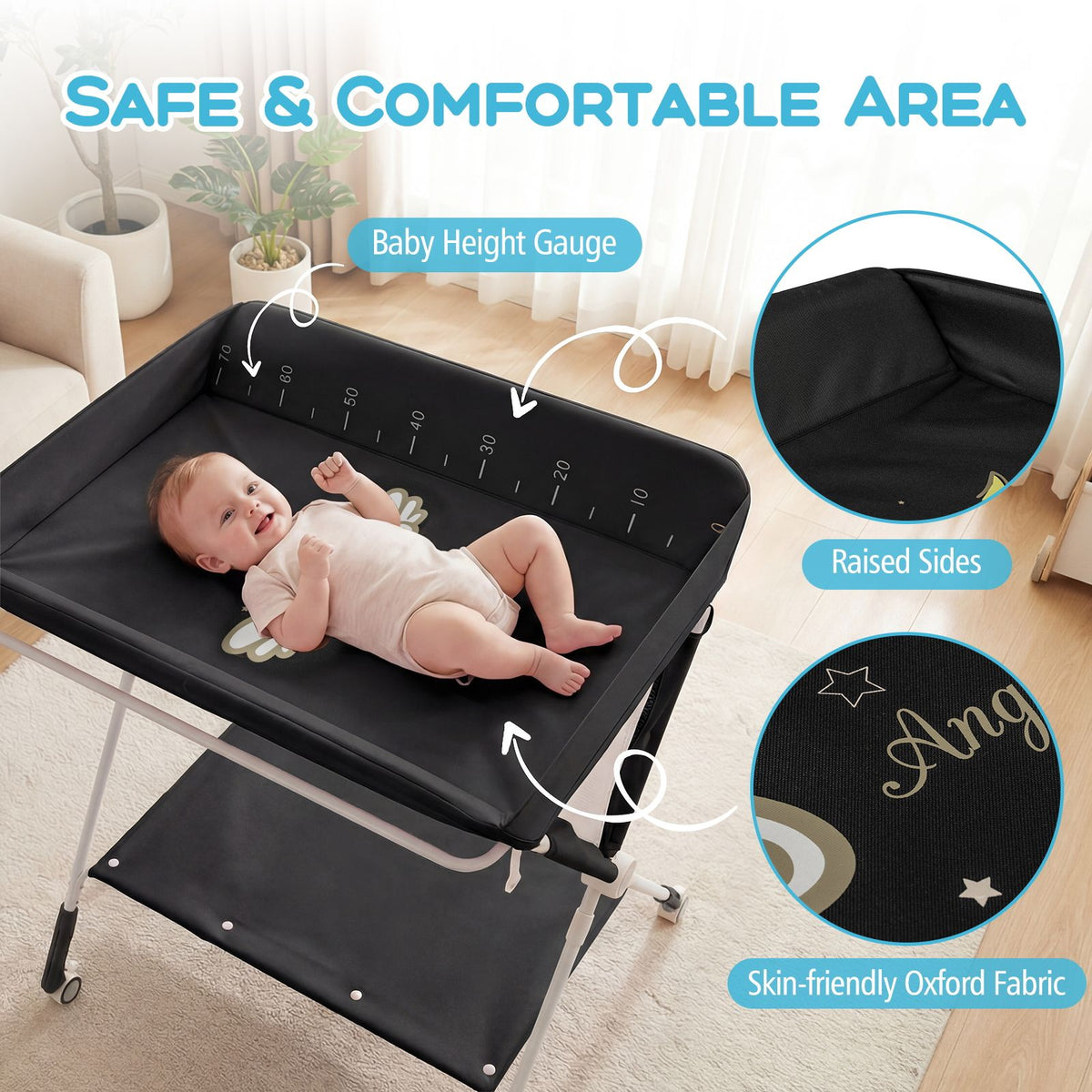 Portable Diaper Changing Station with Storage Basket Shelf and Lockable Wheels