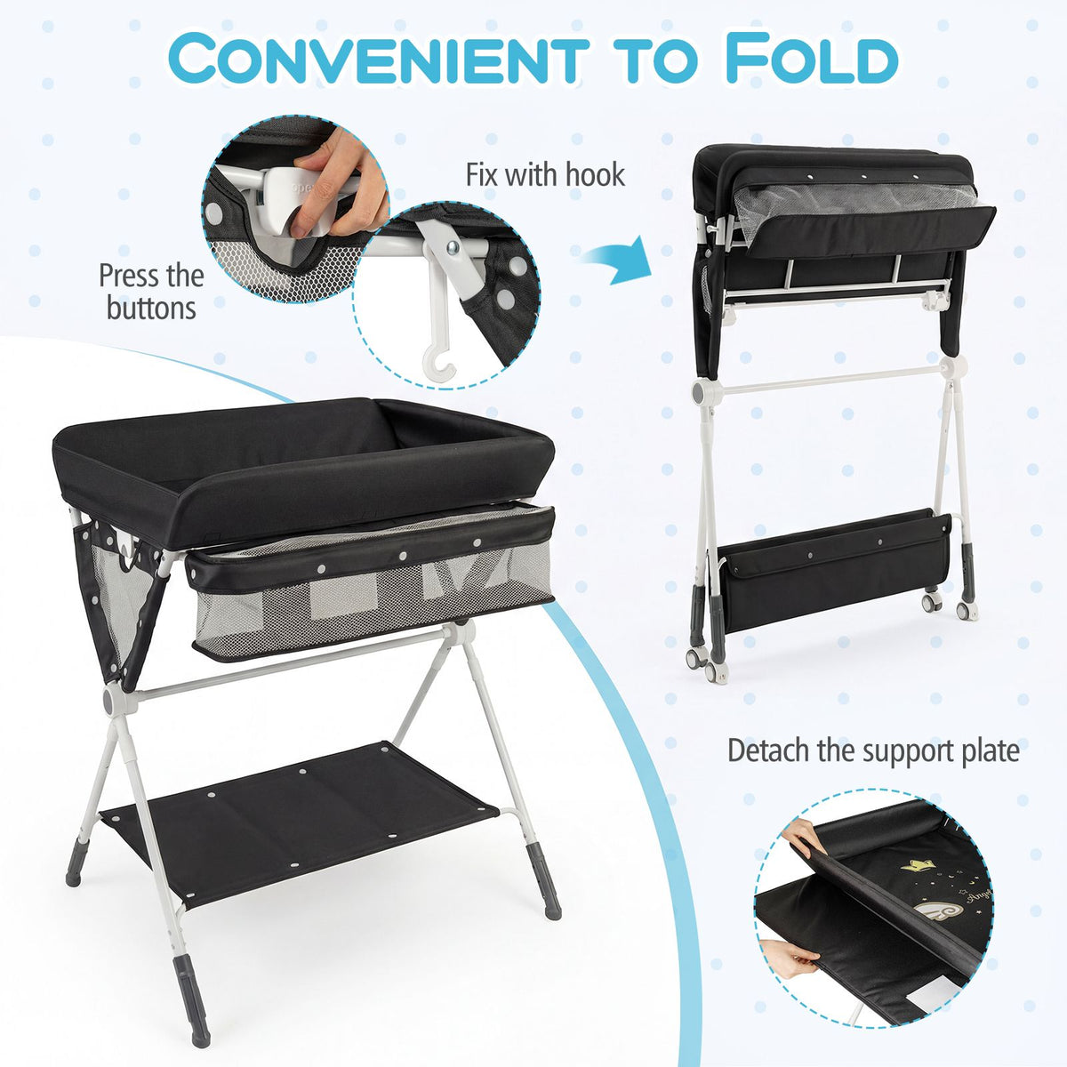Portable Diaper Changing Station with Storage Basket Shelf and Lockable Wheels