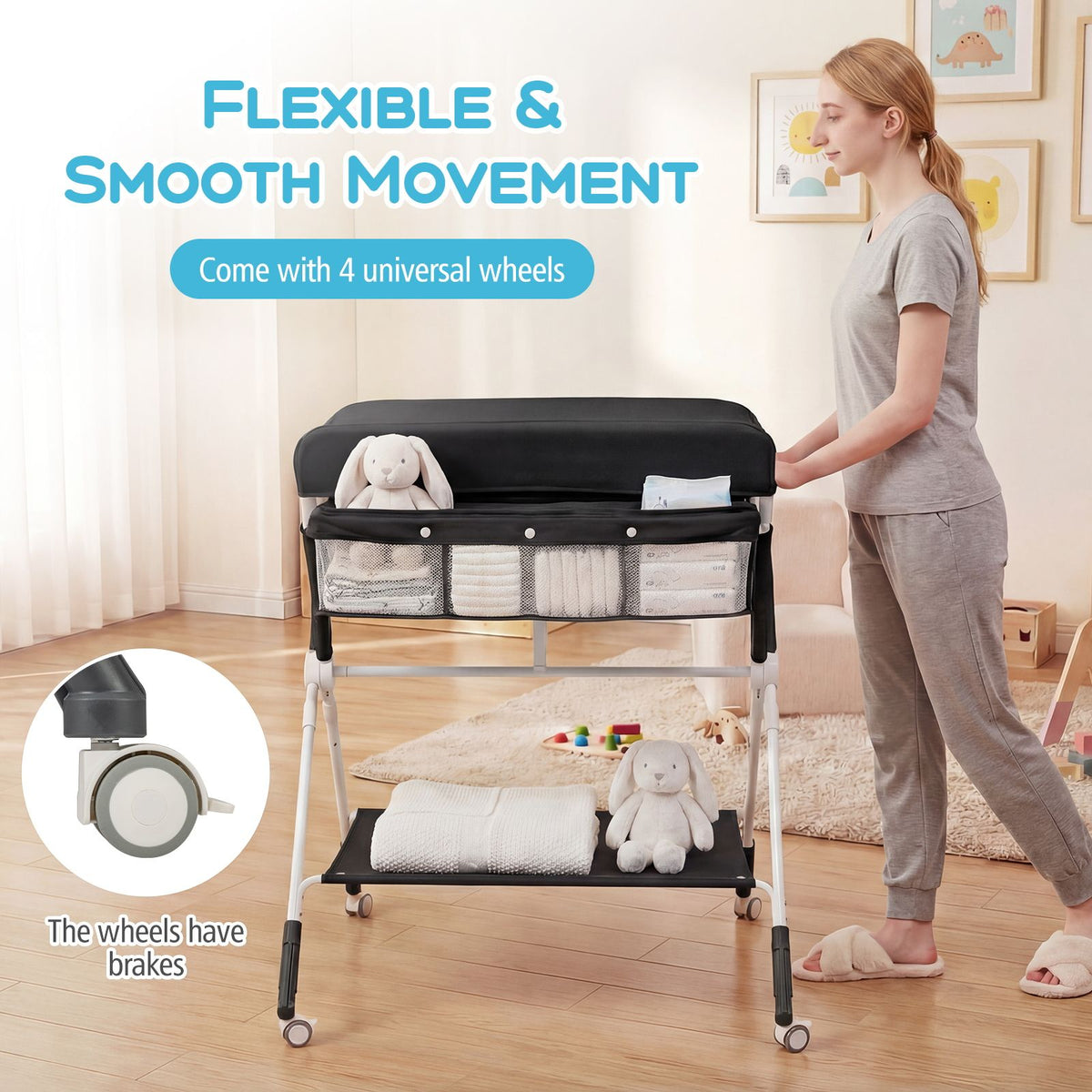 Portable Diaper Changing Station with Storage Basket Shelf and Lockable Wheels