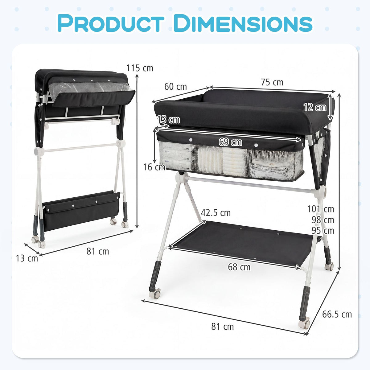 Portable Diaper Changing Station with Storage Basket Shelf and Lockable Wheels