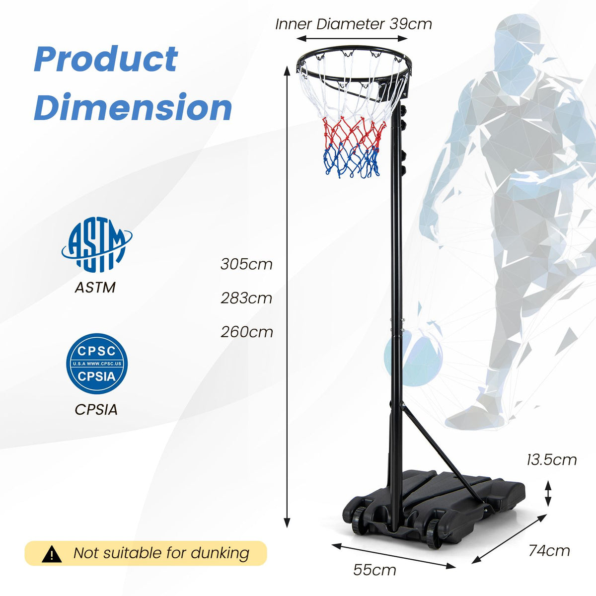 Basketball Hoop Stand with Fillable Base No Backboard for Outdoor Play