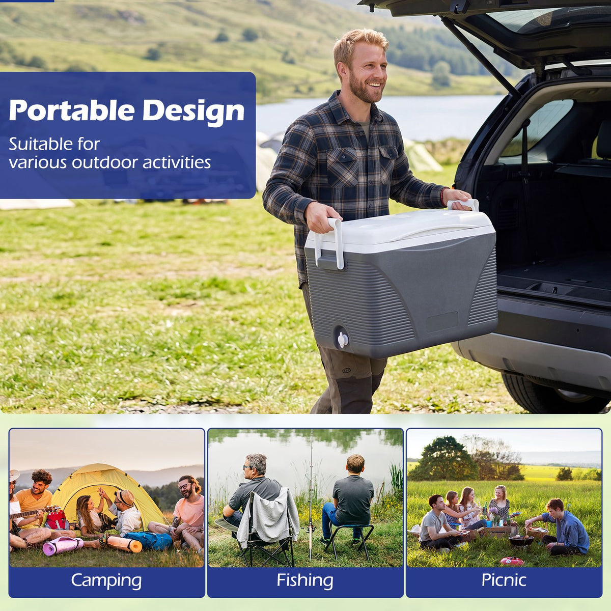 41L Hard Cooler for Picnic Travel with Cup Holders Keeps Ice for Days