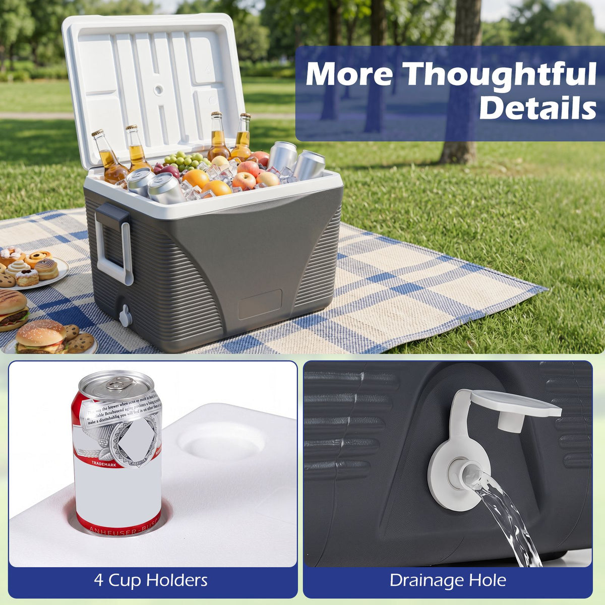 41L Hard Cooler for Picnic Travel with Cup Holders Keeps Ice for Days