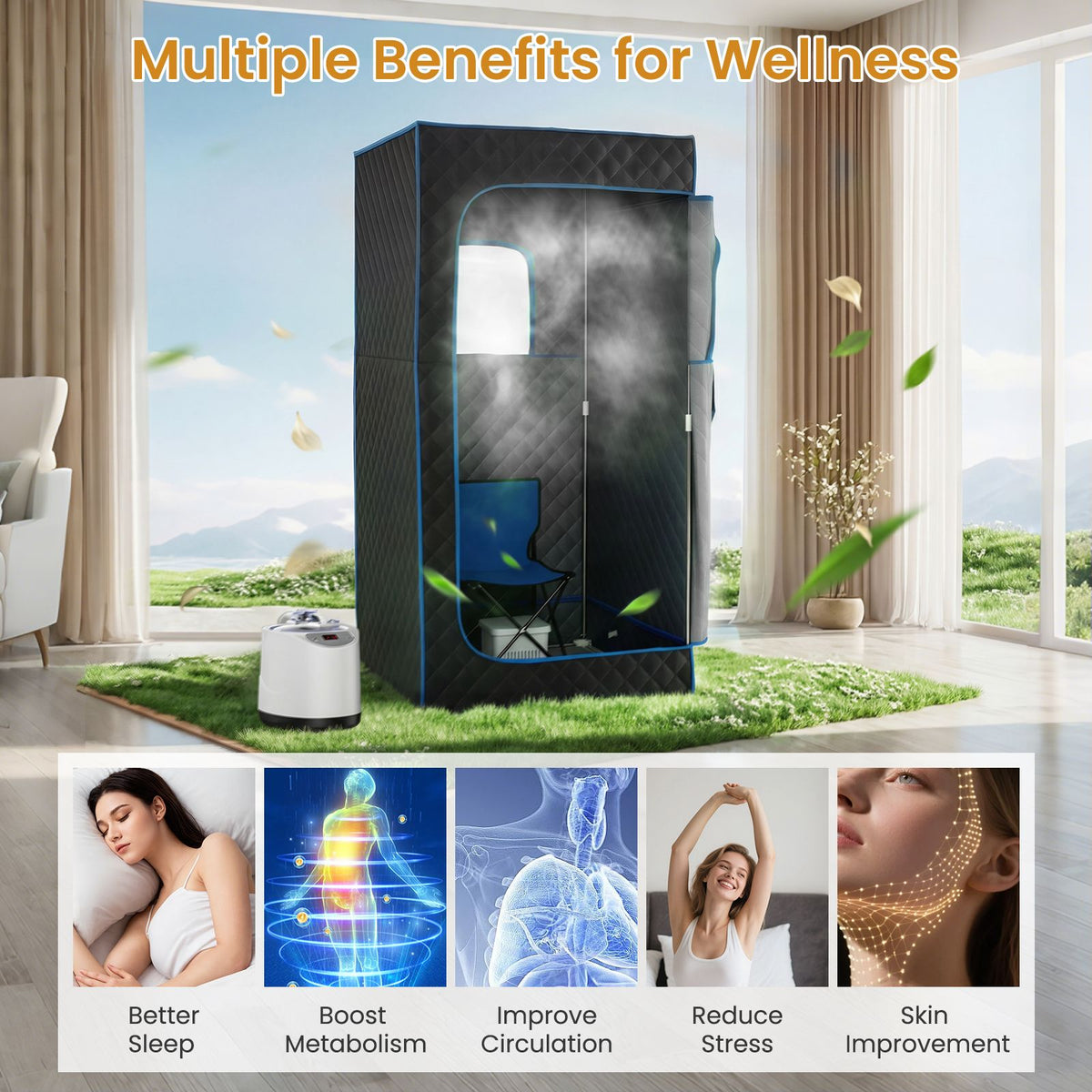 Portable Steam Sauna Box with 1200W 3L Steamer for Full Body Relaxation
