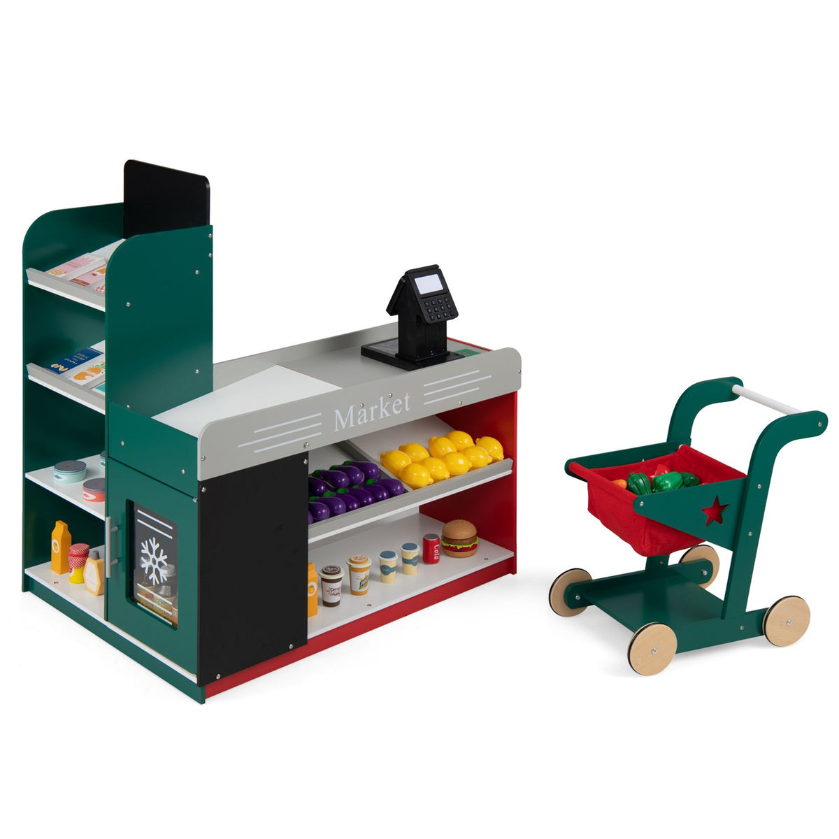 Pretend Play Grocery Store Set with Shopping Cart and 2 Chalkboards