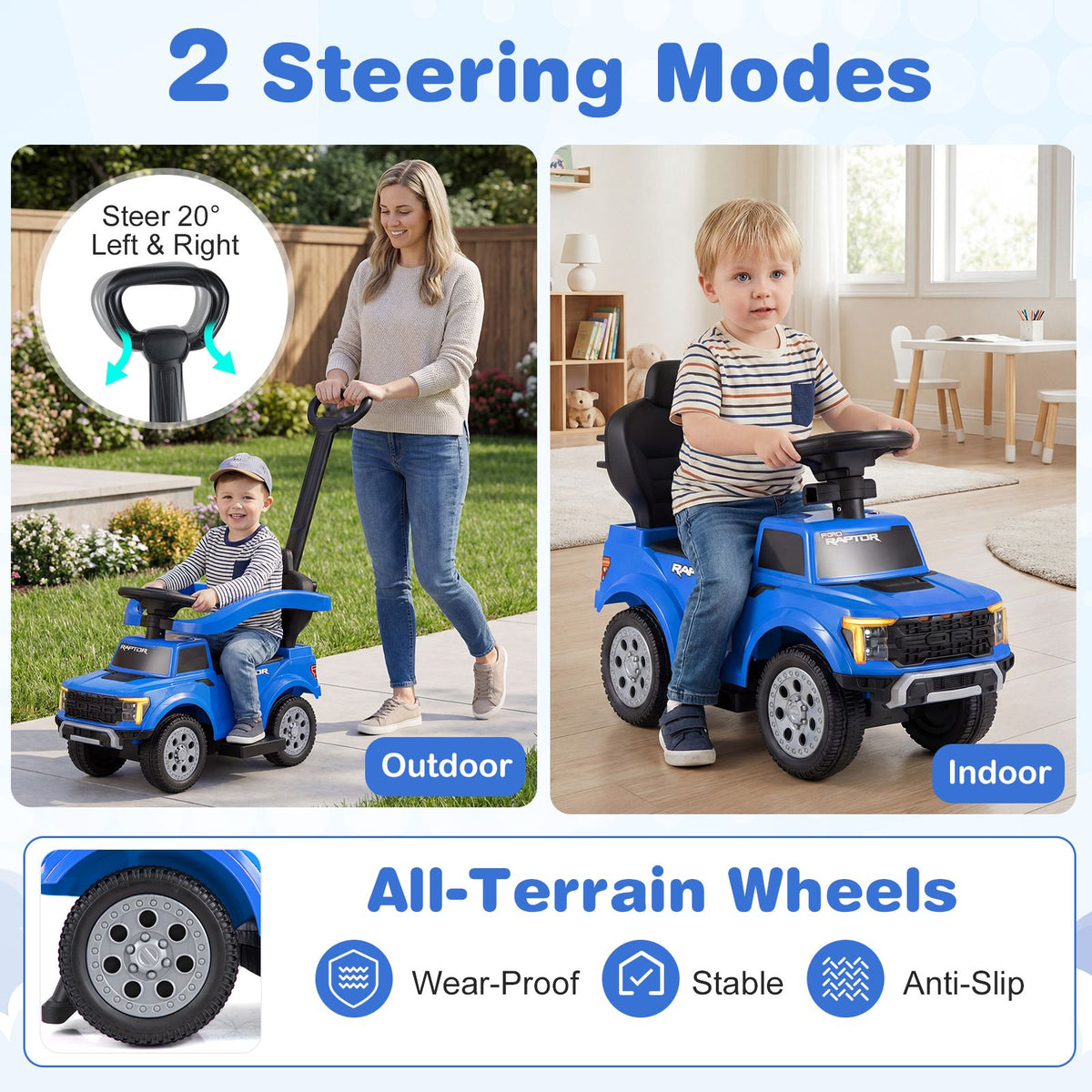 3-In-1 Toddler Push Car Licensed Ford With Ignition Sound and LED Lights