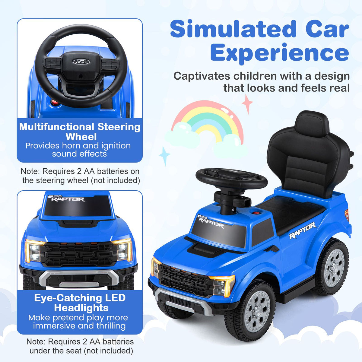 3-In-1 Toddler Push Car Licensed Ford With Ignition Sound and LED Lights