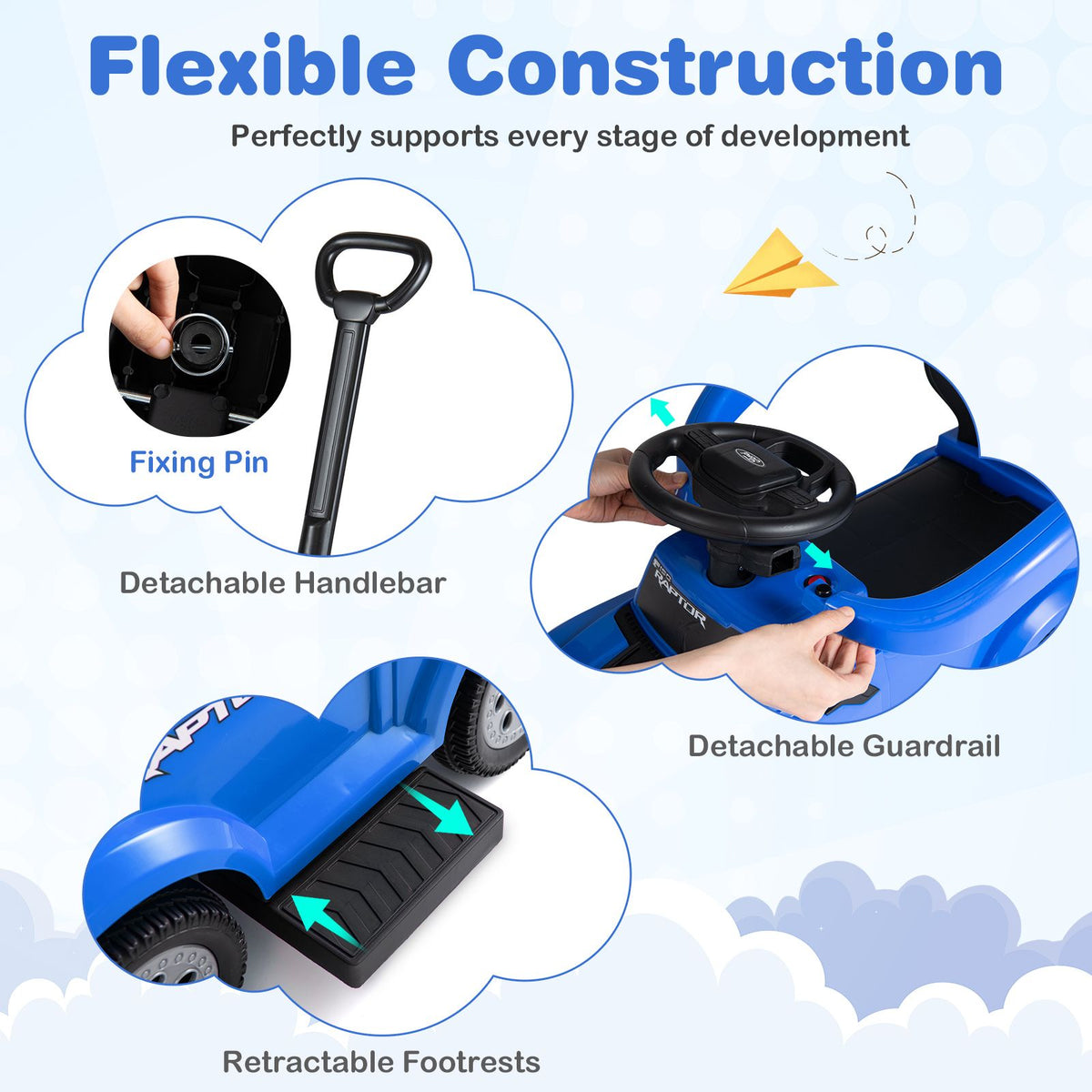 3-In-1 Toddler Push Car Licensed Ford With Ignition Sound and LED Lights