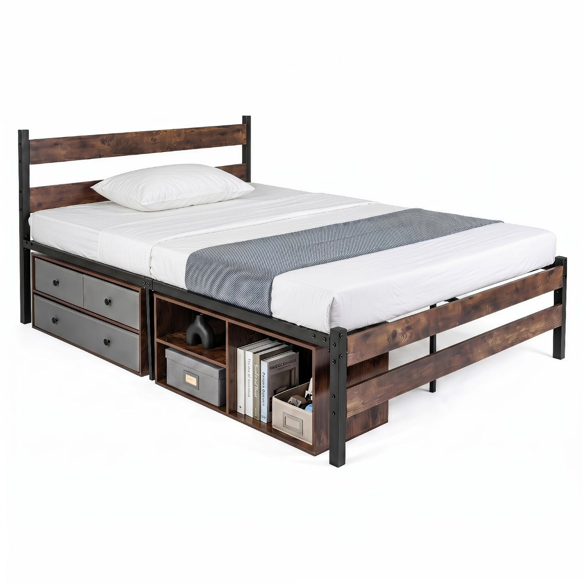 Giantex Single/Queen Size Metal Bed Frame w/3 Drawers & Storage Cubes, Industrial Platform Bed