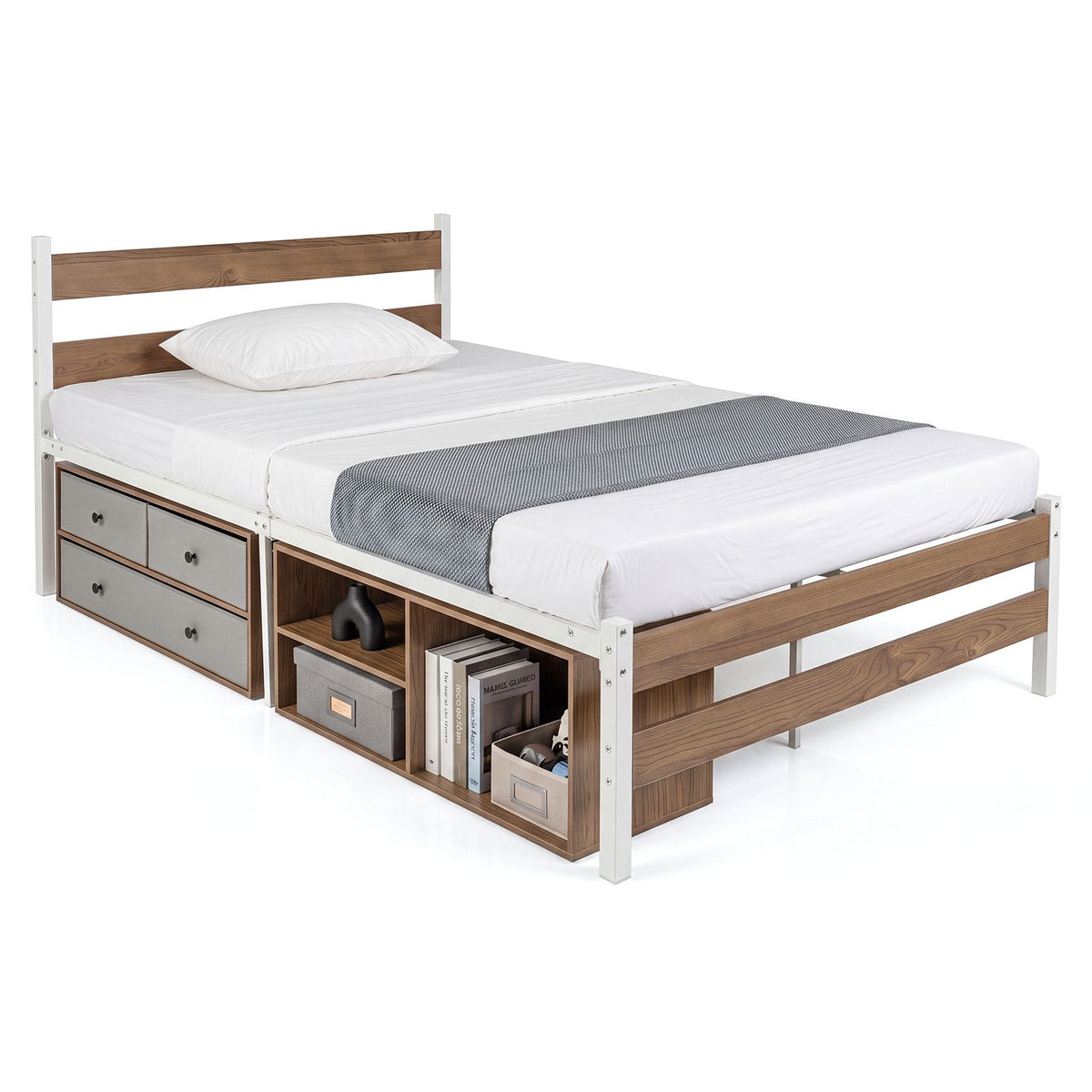 Giantex Single/Queen Size Metal Bed Frame w/3 Drawers & Storage Cubes, Industrial Platform Bed