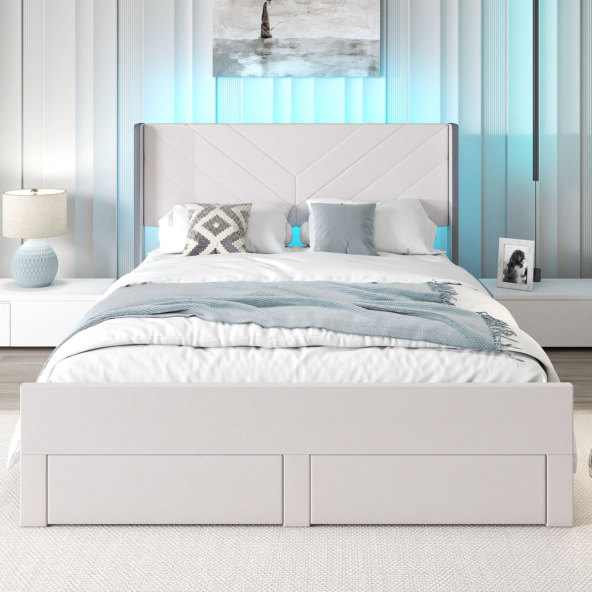 Queen Size Bed Frame with LED Lights and 2 Storage Drawers