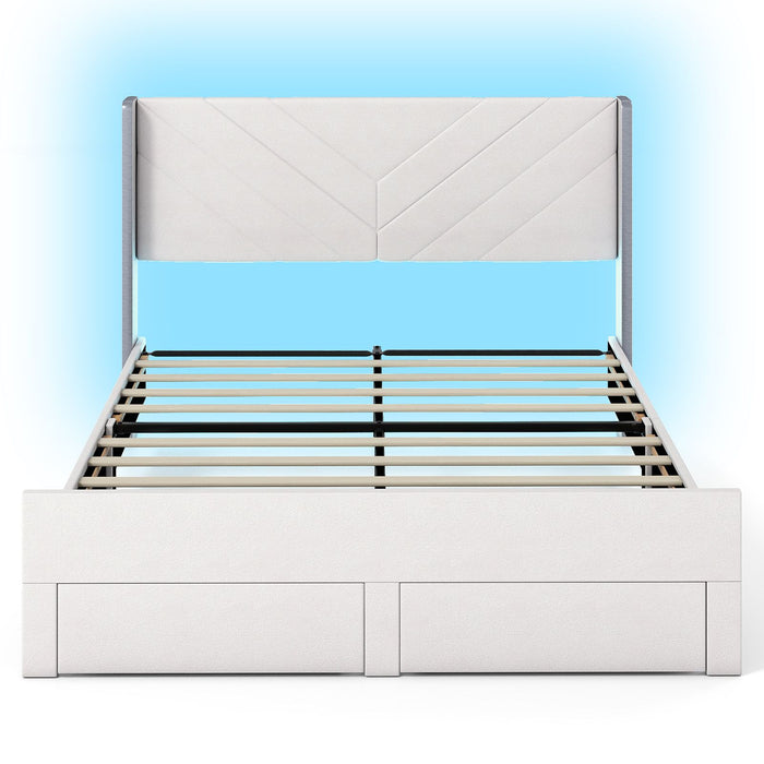 Queen Size Bed Frame with LED Lights and 2 Storage Drawers