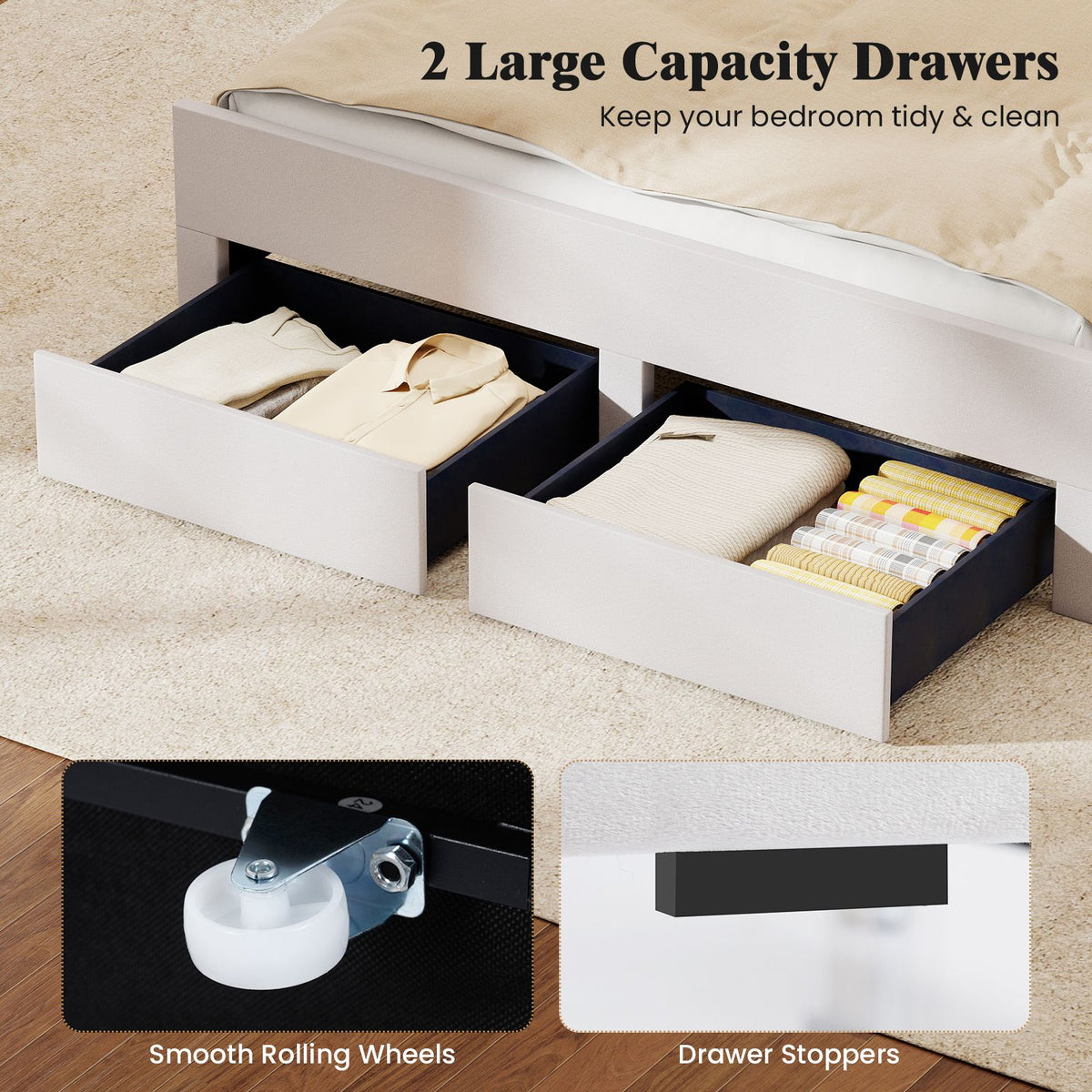 Queen Size Bed Frame with LED Lights and 2 Storage Drawers