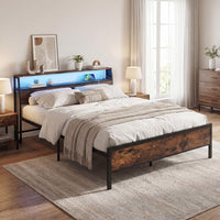 Queen Size Bed Frame with LED Lights and Charging Station for Bedroom