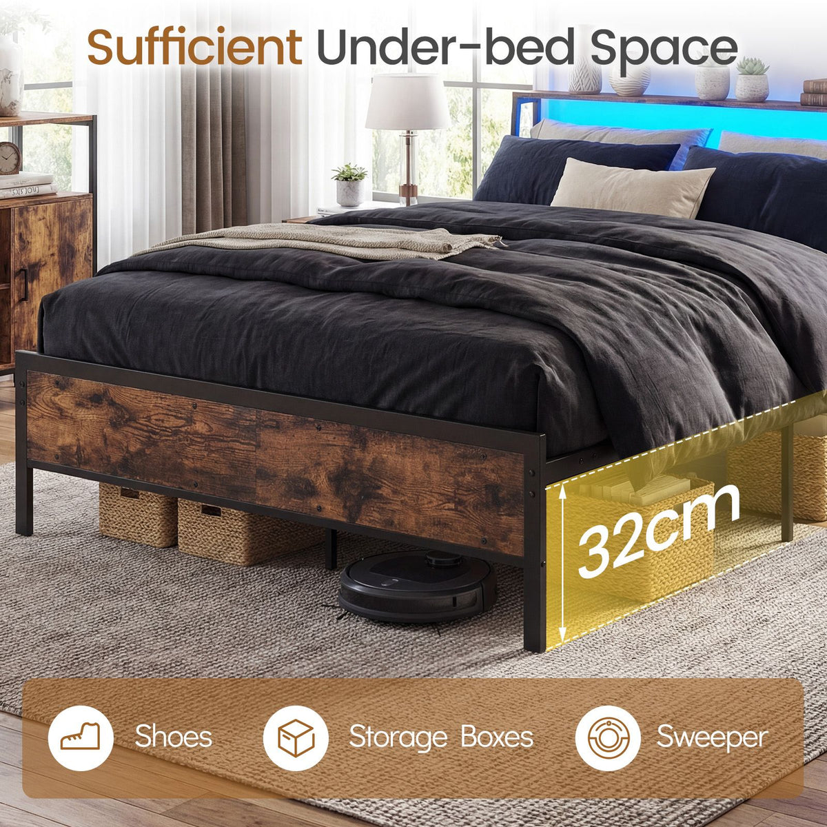 Queen Size Bed Frame with LED Lights and Charging Station for Bedroom