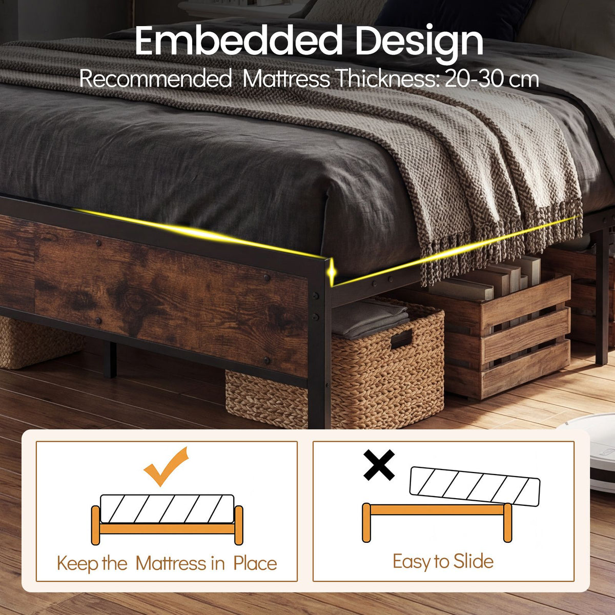 Queen Size Bed Frame with LED Lights and Charging Station for Bedroom