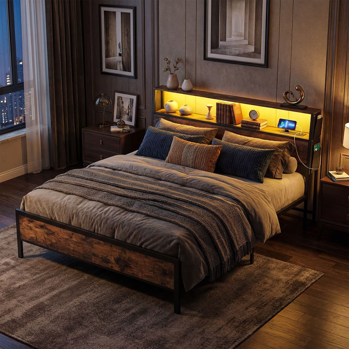 Queen Size Bed Frame with LED Lights and Charging Station for Bedroom