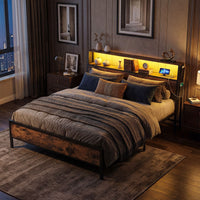 Queen Size Bed Frame with LED Lights and Charging Station for Bedroom