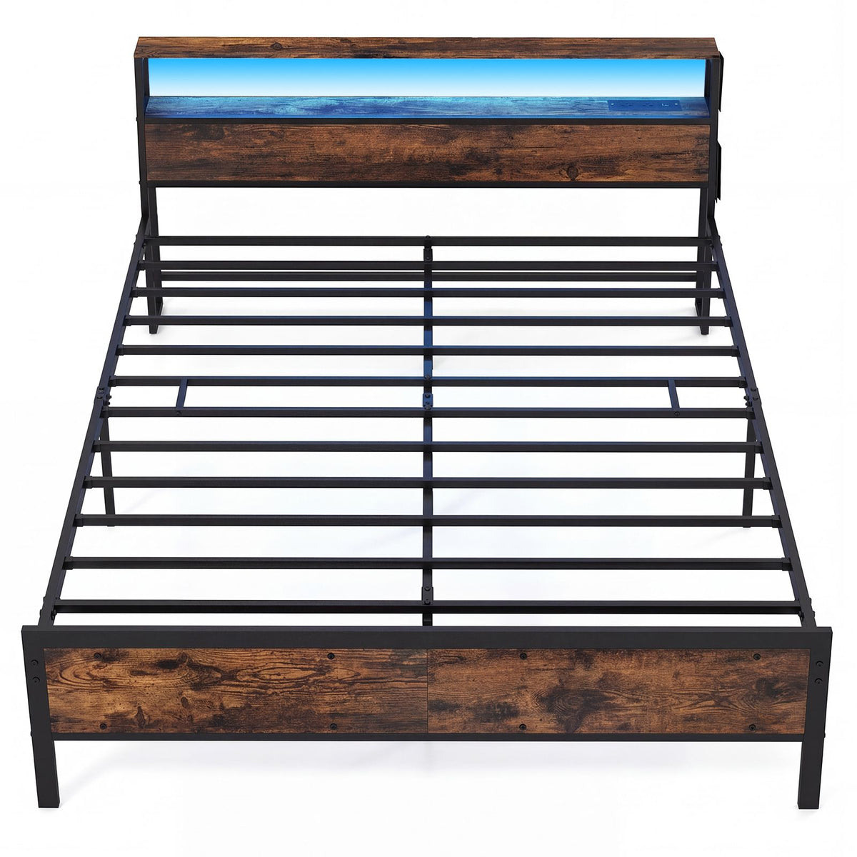 Queen Size Bed Frame with LED Lights and Charging Station for Bedroom