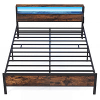 Queen Size Bed Frame with LED Lights and Charging Station for Bedroom