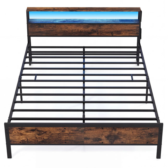 Queen Size Bed Frame with LED Lights and Charging Station for Bedroom