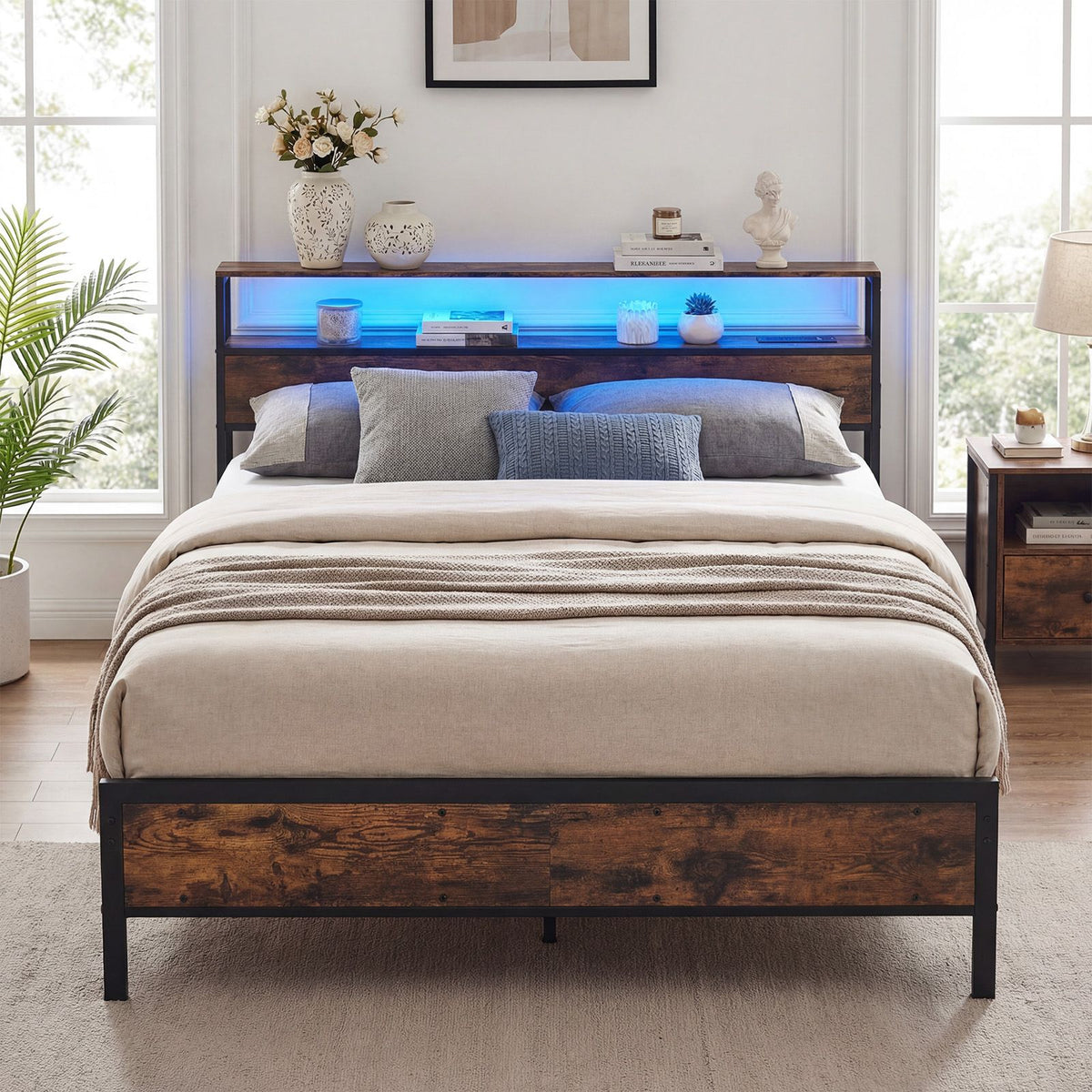 Queen Size Bed Frame with LED Lights and Charging Station for Bedroom