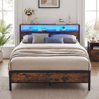 Queen Size Bed Frame with LED Lights and Charging Station for Bedroom