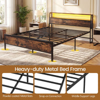 Queen Size Bed Frame with LED Lights and Charging Station for Bedroom