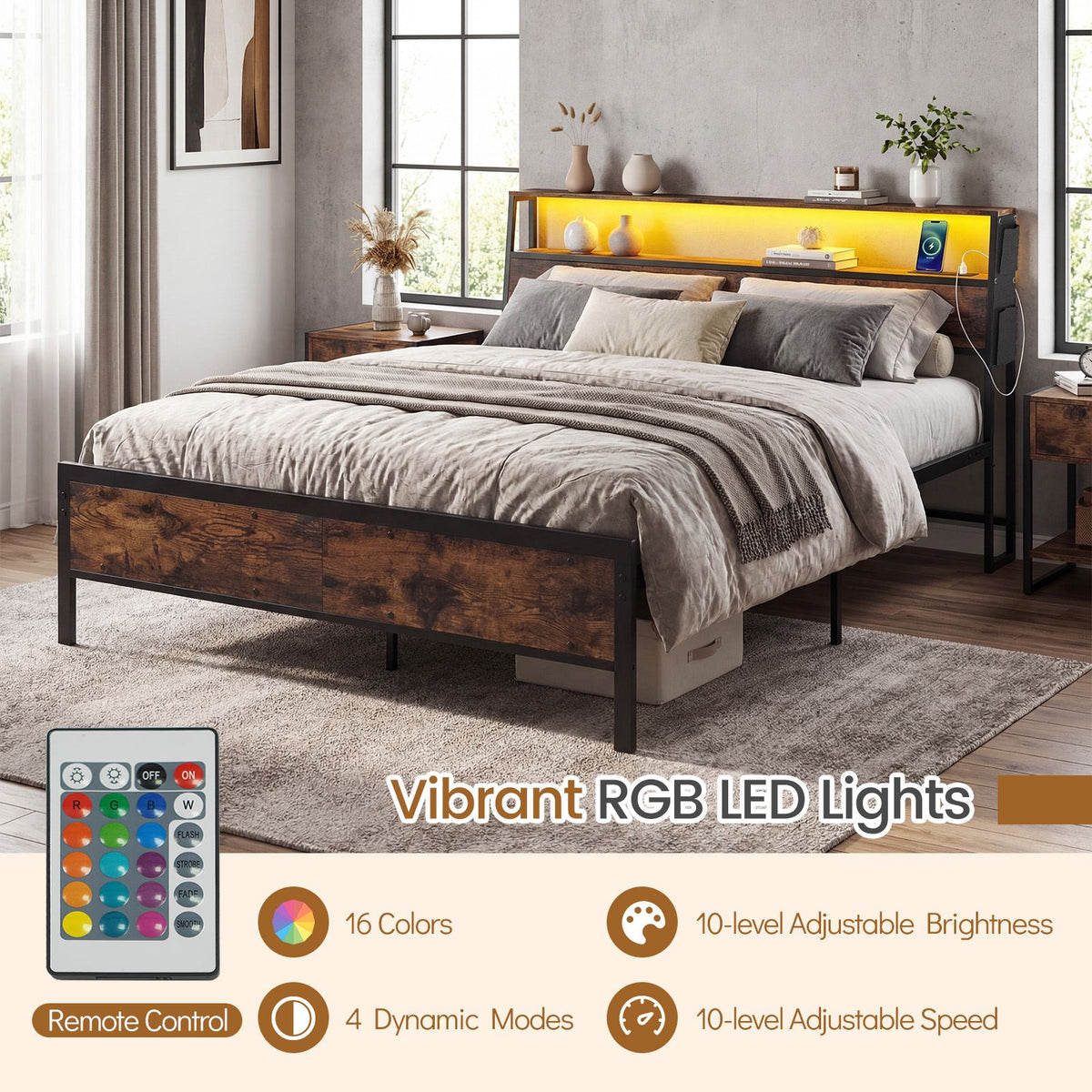 Queen Size Bed Frame with LED Lights and Charging Station for Bedroom