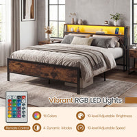Queen Size Bed Frame with LED Lights and Charging Station for Bedroom