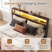 Queen Size Bed Frame with LED Lights and Charging Station for Bedroom