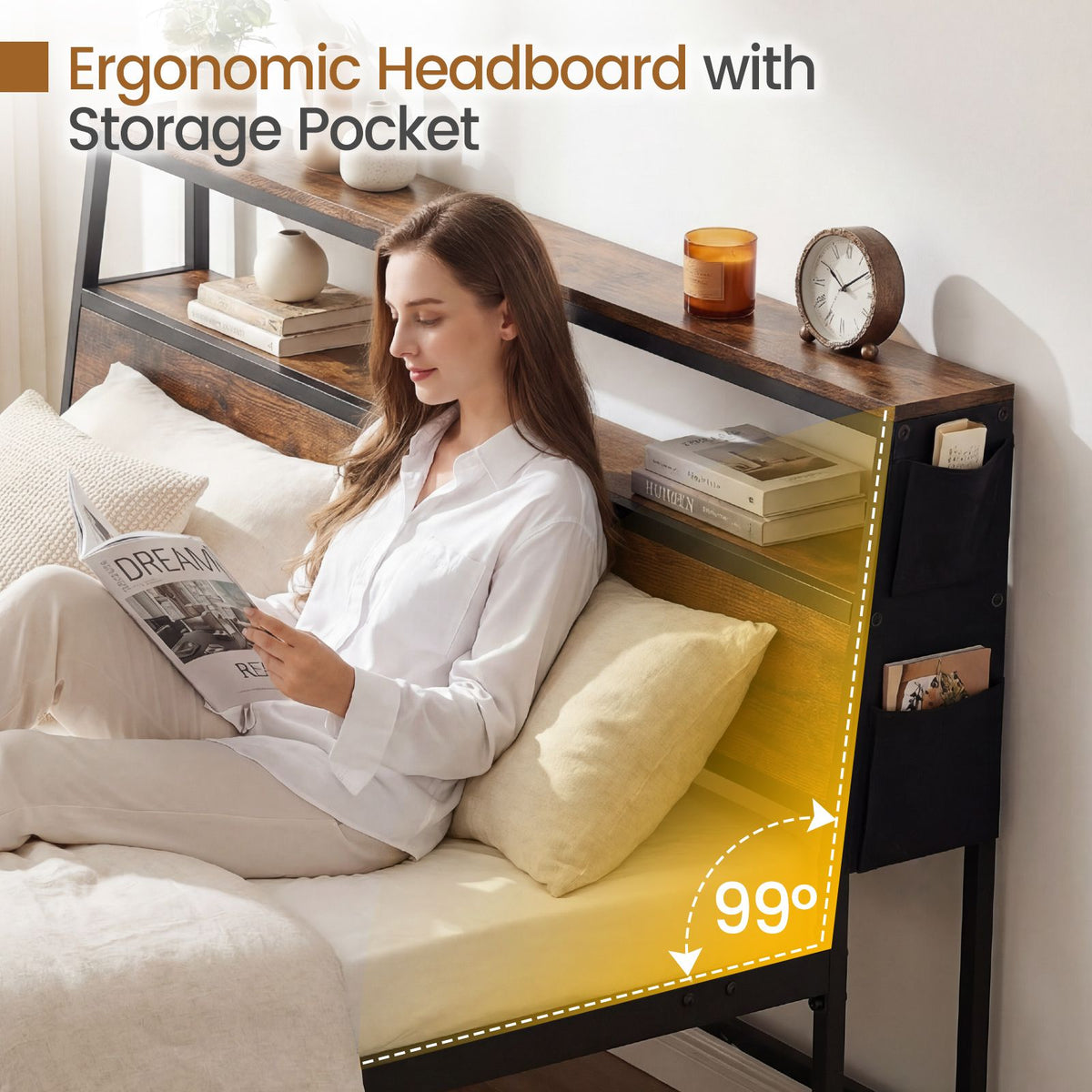 Queen Size Bed Frame with LED Lights and Charging Station for Bedroom