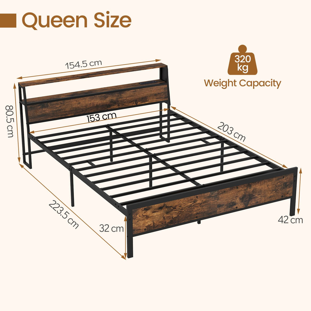 Queen Size Bed Frame with LED Lights and Charging Station for Bedroom