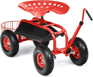 Garden Rolling Scooter w/ Storage Basket, Adjustable Seat