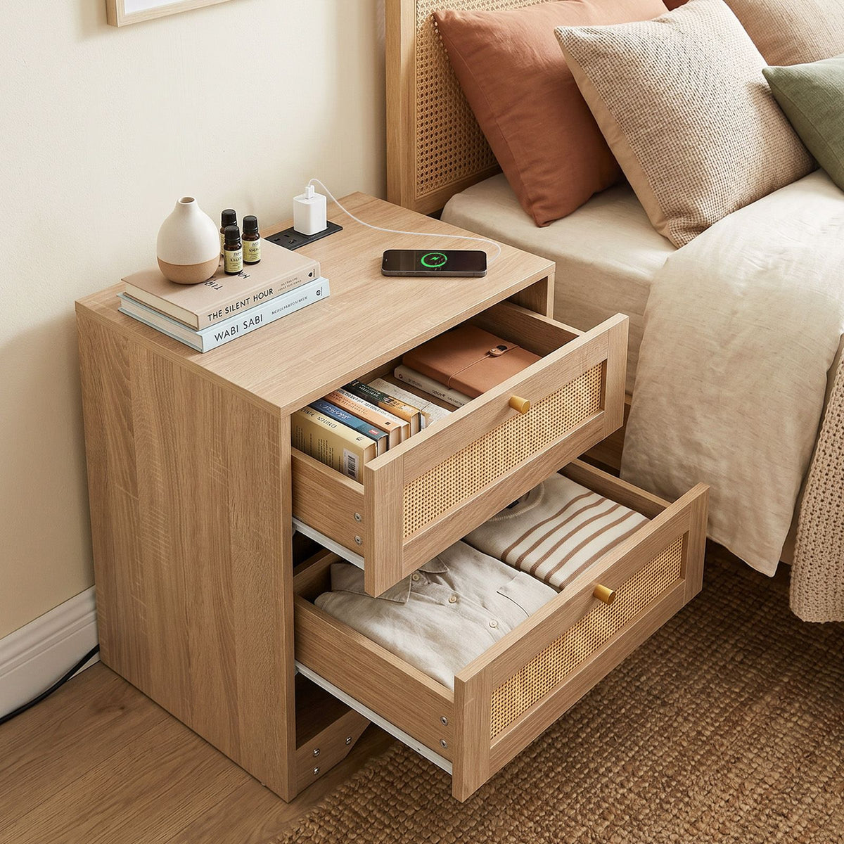 Rattan Nightstand with Charging Station and LED Light Strip with 2 Drawers