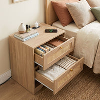Rattan Nightstand with Charging Station and LED Light Strip with 2 Drawers