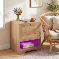 Rattan Nightstand with Charging Station and LED Light Strip with 2 Drawers