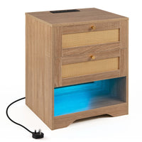 Rattan Nightstand with Charging Station and LED Light Strip with 2 Drawers
