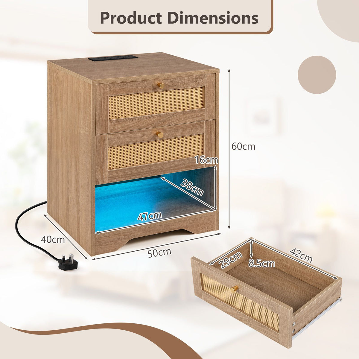 Rattan Nightstand with Charging Station and LED Light Strip with 2 Drawers