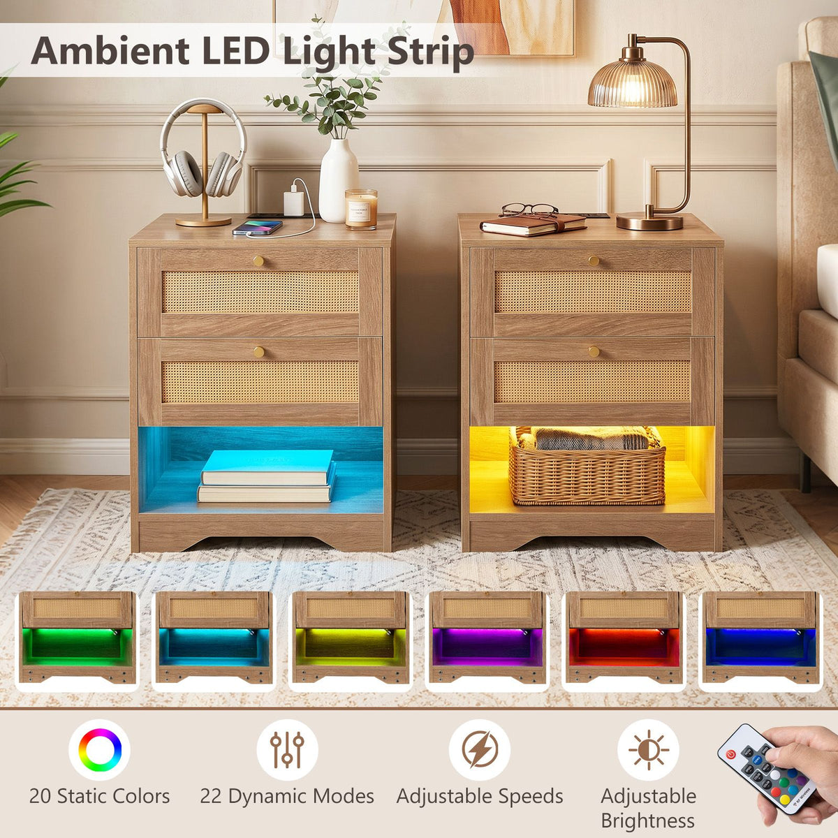 Rattan Nightstand with Charging Station and LED Light Strip with 2 Drawers