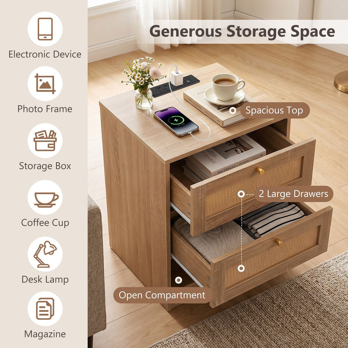 Rattan Nightstand with Charging Station and LED Light Strip with 2 Drawers