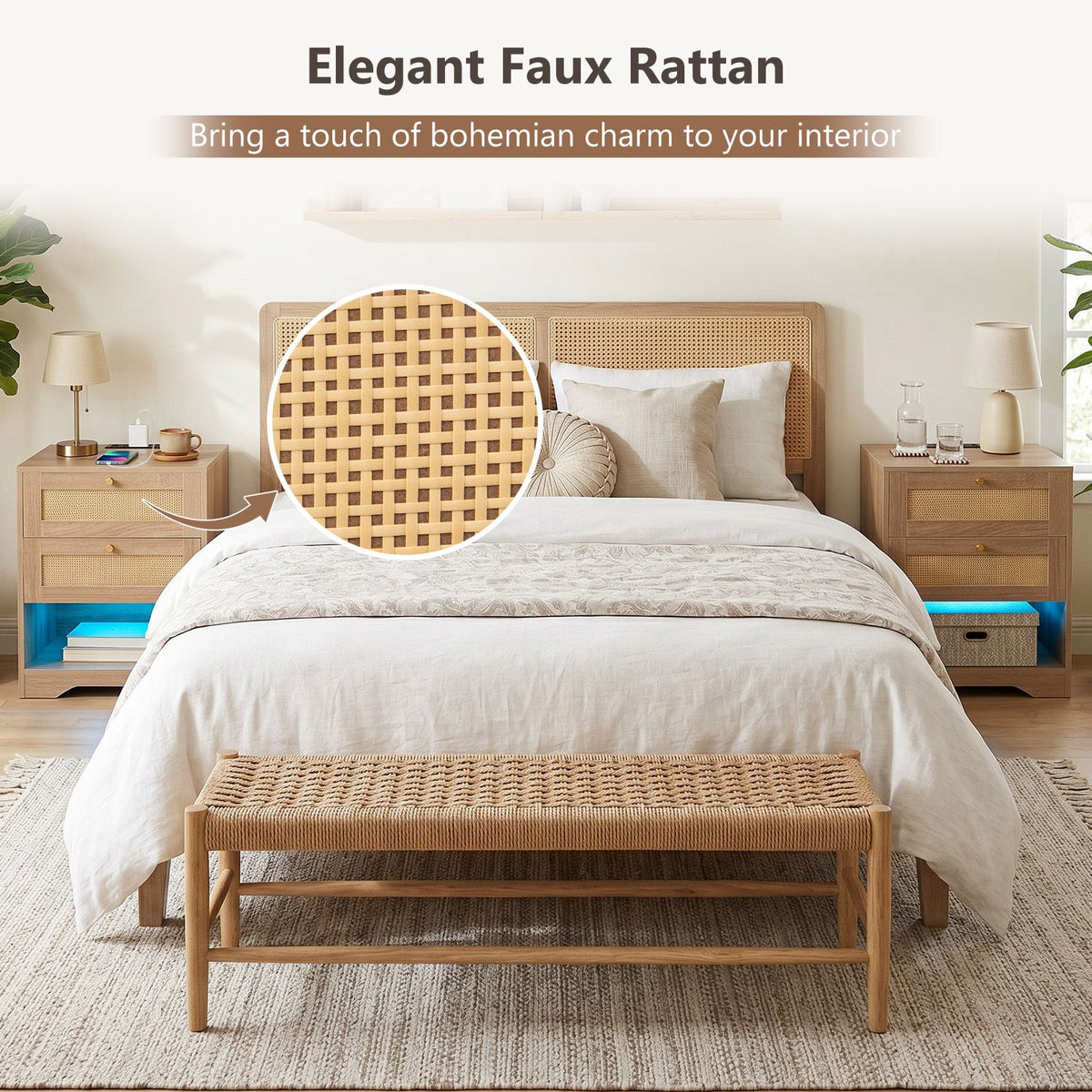 Rattan Nightstand with Charging Station and LED Light Strip with 2 Drawers