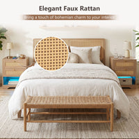 Rattan Nightstand with Charging Station and LED Light Strip with 2 Drawers
