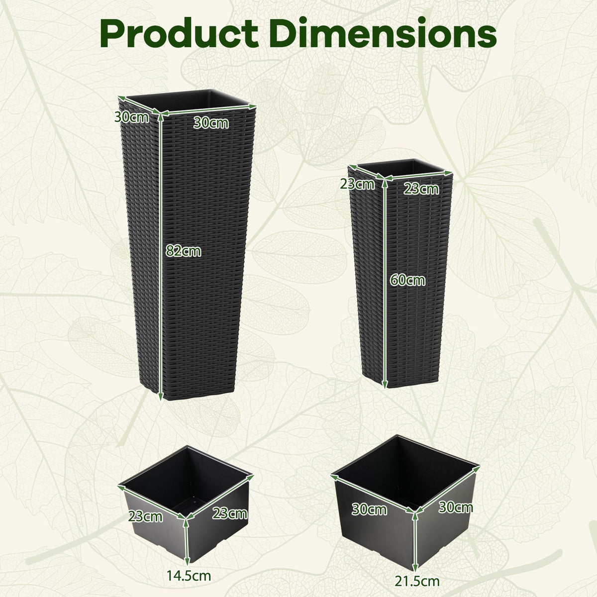 Rattan Tall Planter Set of 2 Large Tapered Planters with Removable Inner Trays