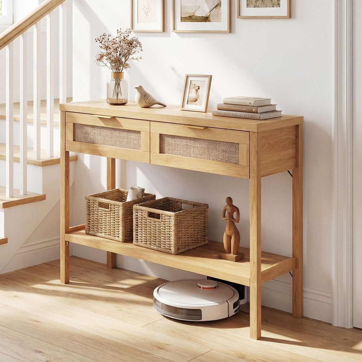 Rattan Console Table with 2 Drawers for Small Space