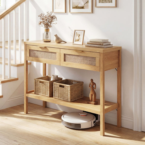 Rattan Console Table with 2 Drawers for Small Space